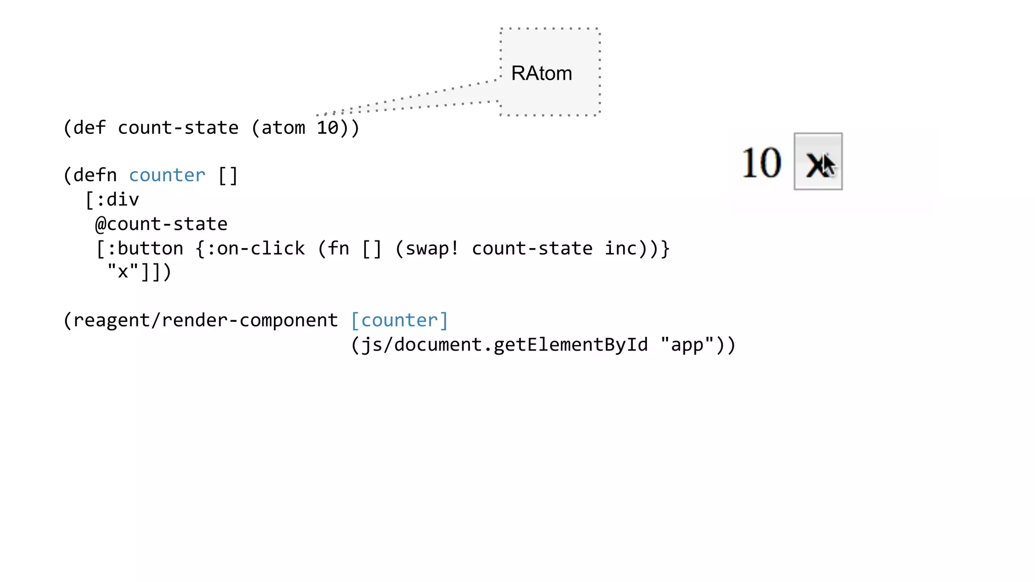 (def	
  count-­‐state	
  (atom	
  10))	
  
	
  
(defn	
  counter	
  []	
  
	
  	
  [:div	
  
	
  	
  	
  @count-­‐state	
  
	
  	
  	
  [:button	
  {:on-­‐click	
  (fn	
  []	
  (swap!	
  count-­‐state	
  inc))}	
  
	
  	
  	
  	
  "x"]])	
  
	
  
(reagent/render-­‐component	
  [counter]	
  
	
  	
  	
  	
  	
  	
  	
  	
  	
  	
  	
  	
  	
  	
  	
  	
  	
  	
  	
  	
  	
  	
  	
  	
  	
  	
  (js/document.getElementById	
  "app"))	
  
	
  
	
  
	
  
	
  
	
  
	
  
RAtom
 