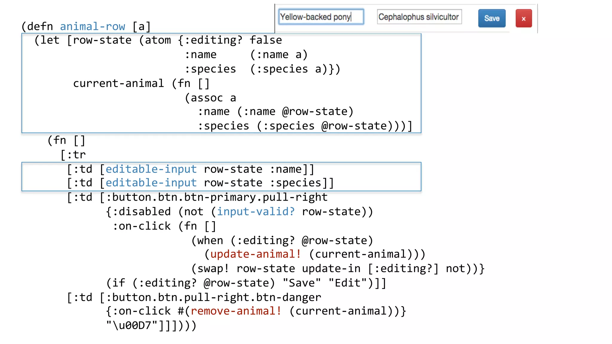 (defn	
  animal-­‐row	
  [a]	
  
	
  	
  (let	
  [row-­‐state	
  (atom	
  {:editing?	
  false	
  
	
  	
  	
  	
  	
  	
  	
  	
  	
  	
  	
  	
  	
  	
  	
  	
  	
  	
  	
  	
  	
  	
  	
  	
  	
  :name	
  	
  	
  	
  	
  (:name	
  a)	
  
	
  	
  	
  	
  	
  	
  	
  	
  	
  	
  	
  	
  	
  	
  	
  	
  	
  	
  	
  	
  	
  	
  	
  	
  	
  :species	
  	
  (:species	
  a)})	
  
	
  	
  	
  	
  	
  	
  	
  	
  current-­‐animal	
  (fn	
  []	
  
	
  	
  	
  	
  	
  	
  	
  	
  	
  	
  	
  	
  	
  	
  	
  	
  	
  	
  	
  	
  	
  	
  	
  	
  	
  (assoc	
  a	
  
	
  	
  	
  	
  	
  	
  	
  	
  	
  	
  	
  	
  	
  	
  	
  	
  	
  	
  	
  	
  	
  	
  	
  	
  	
  	
  	
  :name	
  (:name	
  @row-­‐state)	
  
	
  	
  	
  	
  	
  	
  	
  	
  	
  	
  	
  	
  	
  	
  	
  	
  	
  	
  	
  	
  	
  	
  	
  	
  	
  	
  	
  :species	
  (:species	
  @row-­‐state)))]	
  
	
  	
  	
  	
  (fn	
  []	
  
	
  	
  	
  	
  	
  	
  [:tr	
  
	
  	
  	
  	
  	
  	
  	
  [:td	
  [editable-­‐input	
  row-­‐state	
  :name]]	
  
	
  	
  	
  	
  	
  	
  	
  [:td	
  [editable-­‐input	
  row-­‐state	
  :species]]	
  
	
  	
  	
  	
  	
  	
  	
  [:td	
  [:button.btn.btn-­‐primary.pull-­‐right	
  
	
  	
  	
  	
  	
  	
  	
  	
  	
  	
  	
  	
  	
  {:disabled	
  (not	
  (input-­‐valid?	
  row-­‐state))	
  
	
  	
  	
  	
  	
  	
  	
  	
  	
  	
  	
  	
  	
  	
  :on-­‐click	
  (fn	
  []	
  
	
  	
  	
  	
  	
  	
  	
  	
  	
  	
  	
  	
  	
  	
  	
  	
  	
  	
  	
  	
  	
  	
  	
  	
  	
  	
  (when	
  (:editing?	
  @row-­‐state)	
  
	
  	
  	
  	
  	
  	
  	
  	
  	
  	
  	
  	
  	
  	
  	
  	
  	
  	
  	
  	
  	
  	
  	
  	
  	
  	
  	
  	
  (update-­‐animal!	
  (current-­‐animal)))	
  
	
  	
  	
  	
  	
  	
  	
  	
  	
  	
  	
  	
  	
  	
  	
  	
  	
  	
  	
  	
  	
  	
  	
  	
  	
  	
  (swap!	
  row-­‐state	
  update-­‐in	
  [:editing?]	
  not))}	
  
	
  	
  	
  	
  	
  	
  	
  	
  	
  	
  	
  	
  	
  (if	
  (:editing?	
  @row-­‐state)	
  "Save"	
  "Edit")]]	
  
	
  	
  	
  	
  	
  	
  	
  [:td	
  [:button.btn.pull-­‐right.btn-­‐danger	
  
	
  	
  	
  	
  	
  	
  	
  	
  	
  	
  	
  	
  	
  {:on-­‐click	
  #(remove-­‐animal!	
  (current-­‐animal))}	
  
	
  	
  	
  	
  	
  	
  	
  	
  	
  	
  	
  	
  	
  "u00D7"]]])))	
  
	
  
 