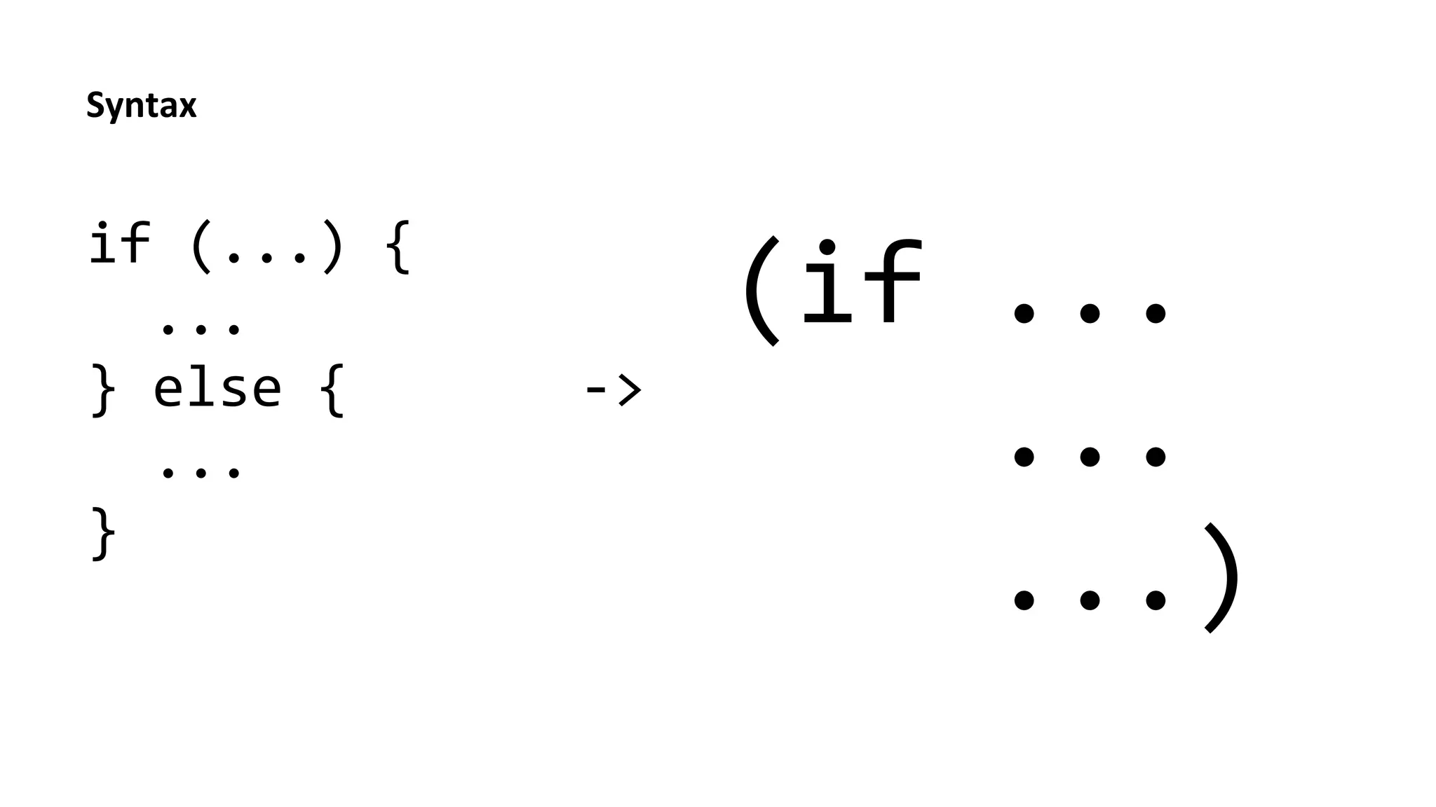 Syntax	
  
if	
  (...)	
  {	
  
	
  	
  ...	
  
}	
  else	
  {	
  	
  	
  	
  	
  	
  	
  -­‐>	
  
	
  	
  ...	
  	
  
}	
  
	
  
(if	
  ...	
  
	
  	
  	
  	
  ...	
  
	
  	
  	
  	
  ...)	
  
 