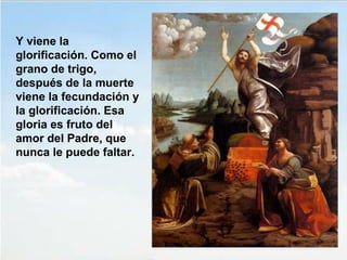 Y viene la
glorificación. Como el
grano de trigo,
después de la muerte
viene la fecundación y
la glorificación. Esa
gloria es fruto del
amor del Padre, que
nunca le puede faltar.
 