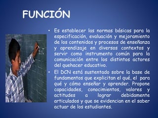 FUNCIÓN
• Es establecer las normas básicas para la
especificación, evaluación y mejoramiento
de los contenidos y procesos de enseñanza
y aprendizaje en diversos contextos y
servir como instrumento común para la
comunicación entre los distintos actores
del quehacer educativo.
• El DCN está sustentado sobre la base de
fundamentos que explicitan el qué, el para
qué y cómo enseñar y aprender. Propone
capacidades, conocimientos, valores y
actitudes a lograr debidamente
articulados y que se evidencian en el saber
actuar de los estudiantes.
 