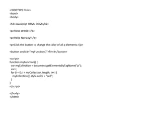 <!DOCTYPE html>
<html>
<body>
<h2>JavaScript HTML DOM</h2>
<p>Hello World!</p>
<p>Hello Norway!</p>
<p>Click the button to change the color of all p elements.</p>
<button onclick="myFunction()">Try it</button>
<script>
function myFunction() {
var myCollection = document.getElementsByTagName("p");
var i;
for (i = 0; i < myCollection.length; i++) {
myCollection[i].style.color = "red";
}
}
</script>
</body>
</html>
 