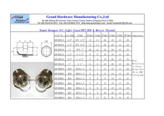 Grand Hardware Manufacturing Co.,Ltd
No.546 Zhitang Rd,Chumen Town,Yuhaun County,Taizhou,Zhejiang,China 317605
Tel:+86-576-8744 4973 Fax:+86-576-8832 7473 Web:www.grandmfgcn.com Email:Tonyliu2007@126.com
Domed Hexagon Oil Sight Glass(NPT,BSP & Metric Thread)
Item No. Size(mm) A(mm) B(mm) C(mm) D(mm) E(mm) F(mm) SW(mm) Temperature
GM-HDN12 1/2" NPT 1/2" 15 11 26 19 13 26
With
Borosilica
te Glass
Below Zero
30 to 200
Centigrade
GM-HDN34 3/4" NPT 3/4" 17 11 29 26 15 35
GM-HDN10 1" NPT 1" 20 12 32 26 15 35
GM-HDG12 1/2" G 1/2" 9 11 18 19 13 26
GM-HDG34 3/4" G 3/4" 9 9 18 26 15 35
GM-HDG10 1" G 1" 11 11 22 26 15 38
GM-HDM18 M18 M18x1.5 8 7 17 19 13 26
GM-HDM20 M20 M20x1.5 8 8 17 19 13 26
GM-HDM22 M22 M22x1.5 9 8 17 19 13 27
GM-HDM24 M24 M24x1.5 9 8 17 19 13 28
GM-HDM26 M26 M26x1.5 9 8 17 19 14 30
GM-HDM27 M27 M27x1.5 9 9 18 26 15 35
GM-HDM33 M33 M33x1.5 11 11 22 26 15 38
 
