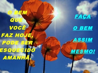 O BEM
QUE
VOCÊ
FAZ HOJE,
PODE SER
ESQUECIDO
AMANHÃ.
FAÇA
O BEM
ASSIM
MESMO!
 