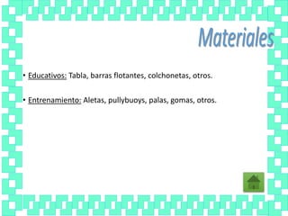 • Educativos: Tabla, barras flotantes, colchonetas, otros.
• Entrenamiento: Aletas, pullybuoys, palas, gomas, otros.
 