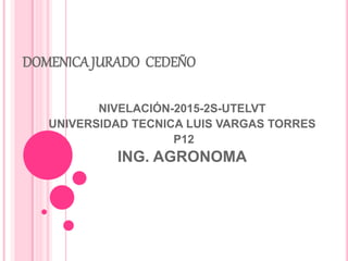DOMENICA JURADO CEDEÑO
NIVELACIÓN-2015-2S-UTELVT
UNIVERSIDAD TECNICA LUIS VARGAS TORRES
P12
ING. AGRONOMA
 