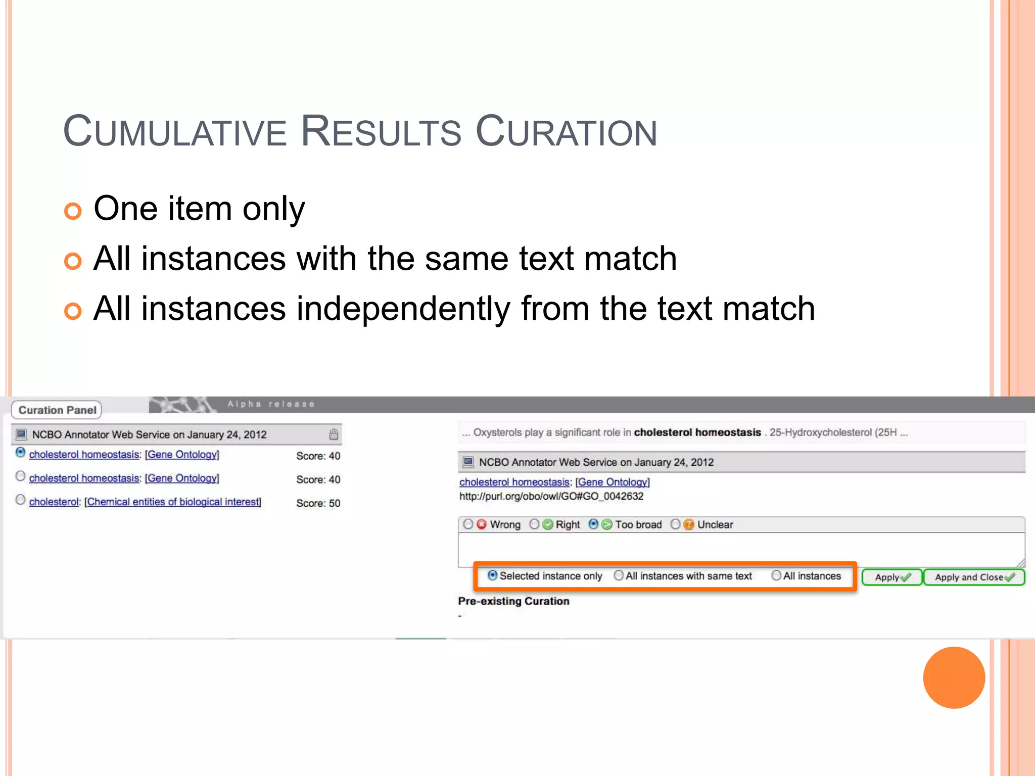 CUMULATIVE RESULTS CURATION
 One item only
 All instances with the same text match

 All instances independently from the text match
 