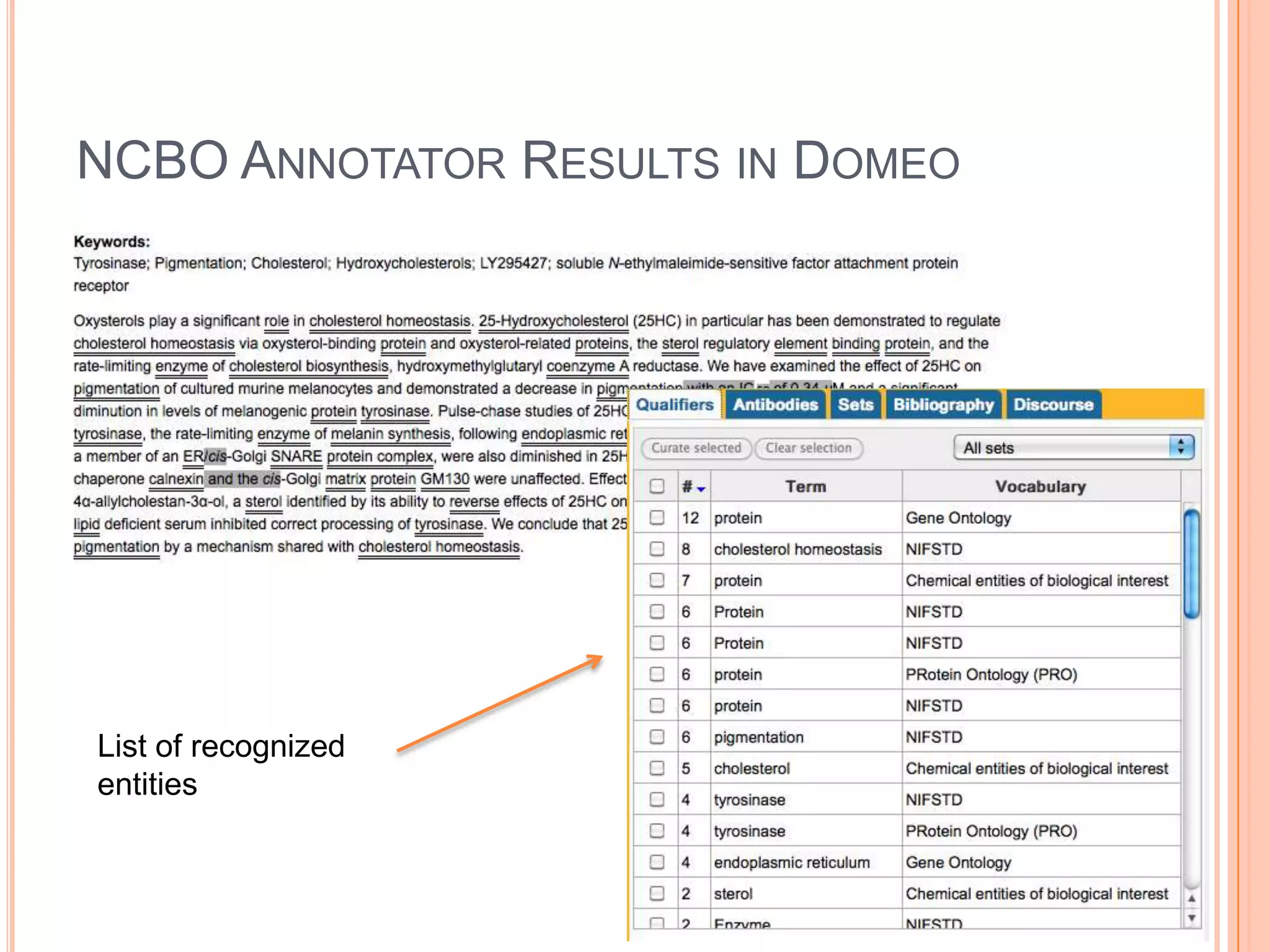 NCBO ANNOTATOR RESULTS IN DOMEO




List of recognized
entities
 