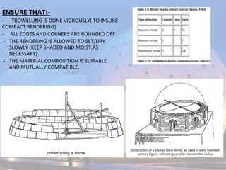 ENSURE THAT:-
- TROWELLING IS DONE VIGROUSLY( TO INSURE
COMPACT RENDERING)
- ALL EDGES AND CORNERS ARE ROUNDED OFF
- THE RENDERING IS ALLOWED TO SET/DRY
SLOWLY (KEEP SHADED AND MOIST,AS
NECESSARY)
- THE MATERIAL COMPOSITION IS SUITABLE
AND MUTUALLY COMPATIBLE.
 