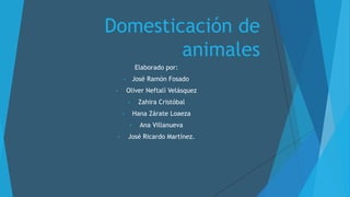 Domesticación de
animales
Elaborado por:
• José Ramón Fosado
• Oliver Neftalí Velásquez
• Zahira Cristóbal
• Hana Zárate Loaeza
• Ana Villanueva
• José Ricardo Martínez.
 