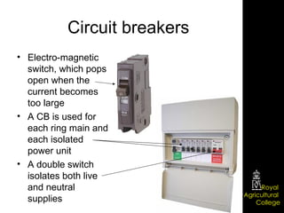 Circuit breakers Electro-magnetic switch, which pops open when the current becomes too large A CB is used for each ring main and each isolated power unit A double switch isolates both live and neutral supplies 