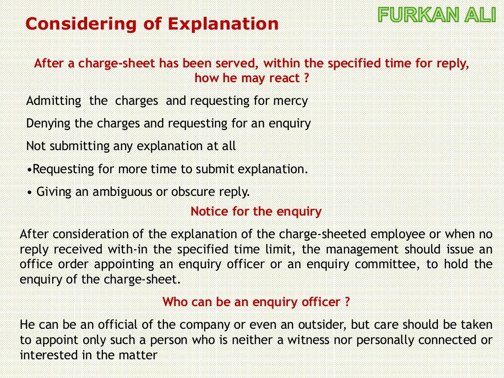 Misconduct & Disciplinary Action Charge Sheet & Domestic Enquiry