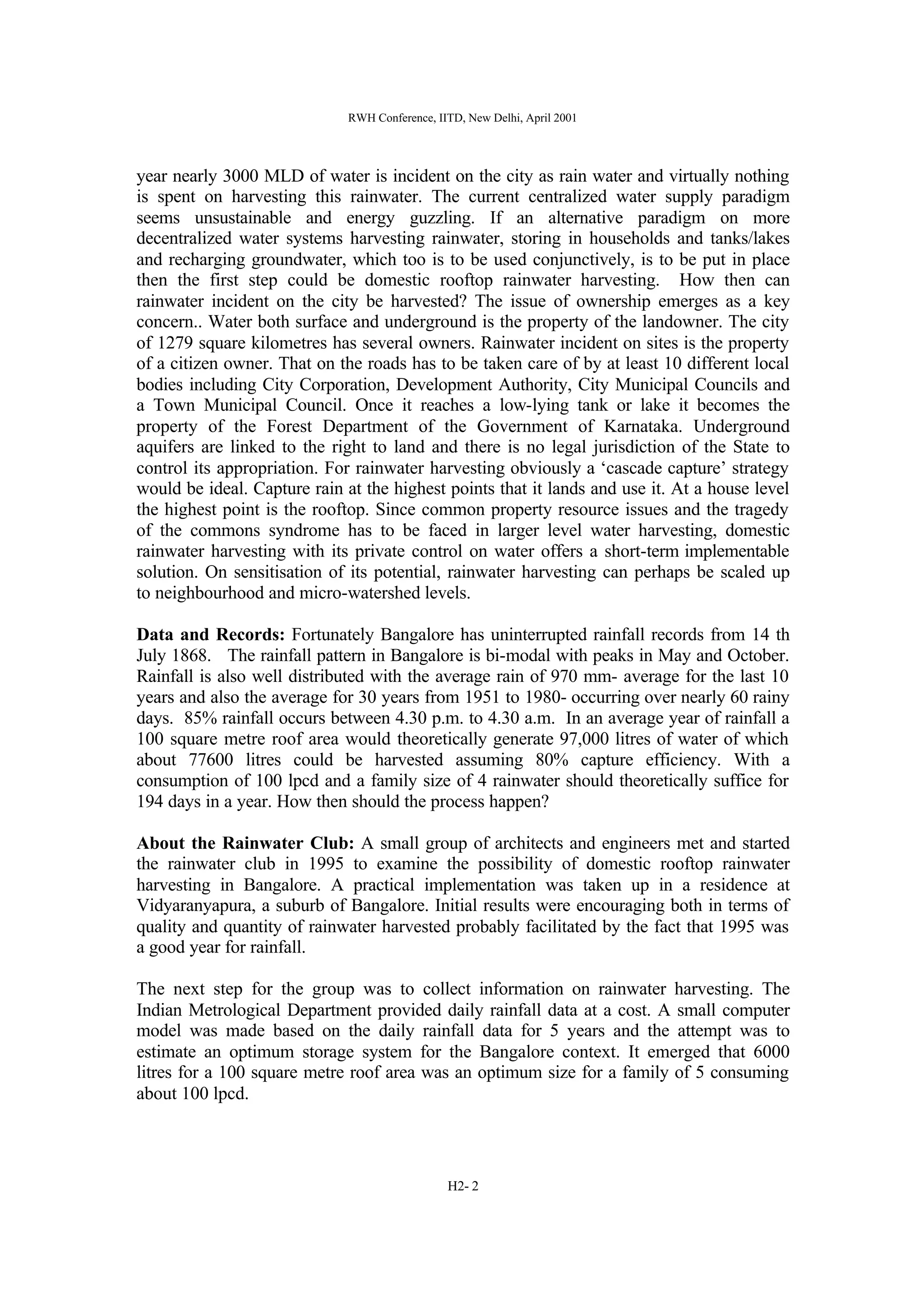 India; Domestic Rainwater Harvesting: Some Applications in Bangalore | PDF