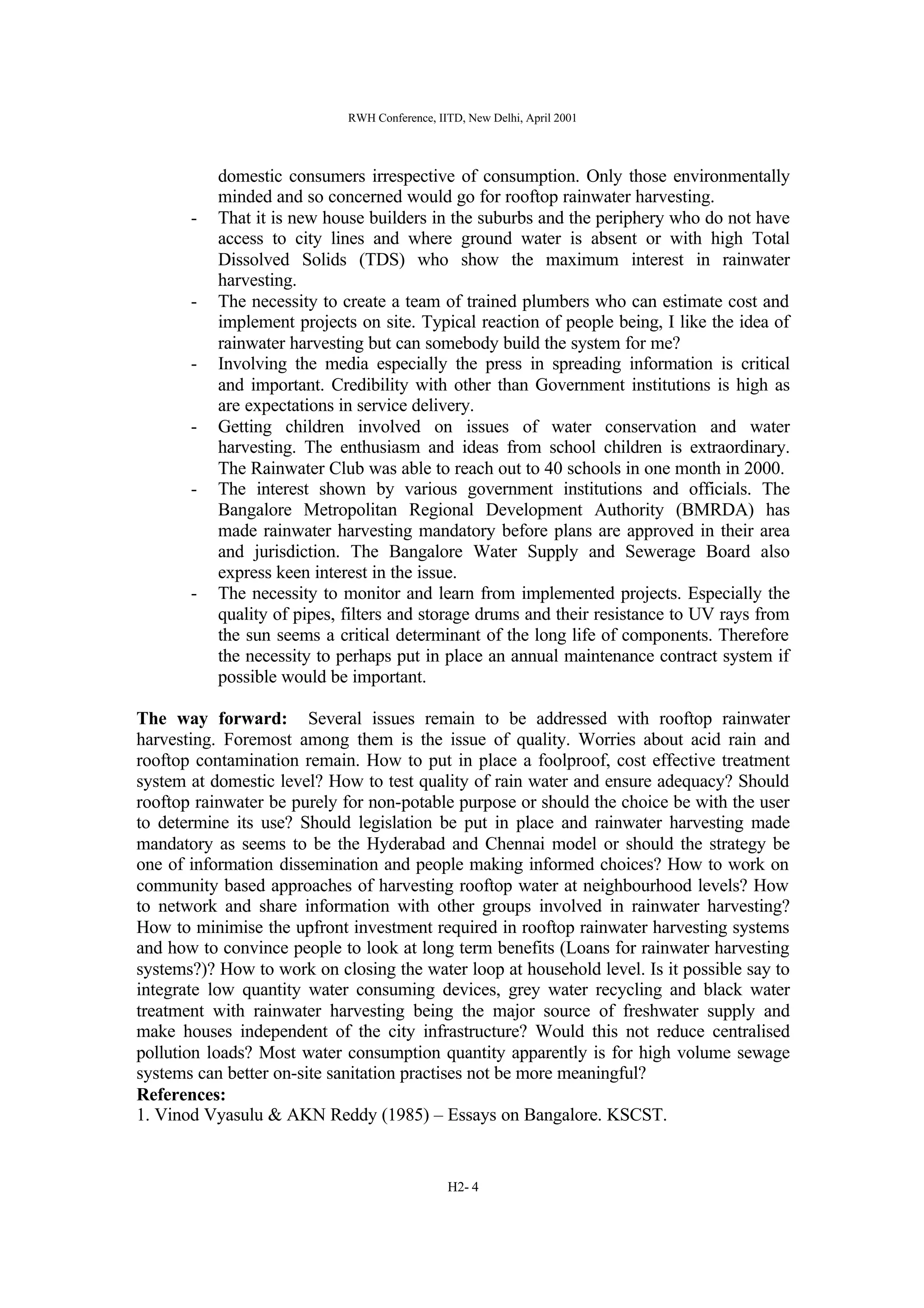 India; Domestic Rainwater Harvesting: Some Applications in Bangalore | PDF