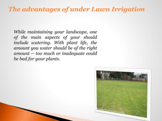 The advantages of under Lawn Irrigation
While maintaining your landscape, one
of the main aspects of your should
include watering. With plant life, the
amount you water should be of the right
amount -- too much or inadequate could
be bad for your plants.
 