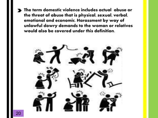 The term domestic violence includes actual abuse or
the threat of abuse that is physical, sexual, verbal,
emotional and ec...