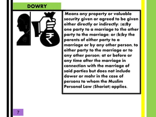 DOWRY
Z
Means any property or valuable
security given or agreed to be given
either directly or indirectly: (a)By
one party...