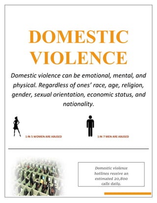 DOMESTIC
VIOLENCE
Domestic violence can be emotional, mental, and
physical. Regardless of ones’ race, age, religion,
gender, sexual orientation, economic status, and
nationality.
1 IN 5 WOMEN ARE ABUSED 1 IN 7 MEN ARE ABUSED
Domestic violence
hotlines receive an
estimated 20,800
calls daily.
 