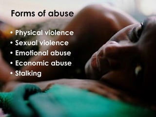 Physical violence Sexual violence Emotional abuse Economic abuse Stalking Forms of abuse 