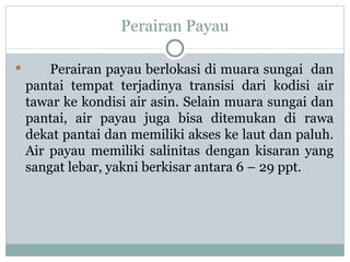 Perairan Payau Perairan payau berlokasi di muara sungai  dan pantai tempat terjadinya transisi dari kodisi air tawar ke kondisi air asin. Selain muara sungai dan pantai, air payau juga bisa ditemukan di rawa dekat pantai dan memiliki akses ke laut dan paluh. Air payau memiliki salinitas dengan kisaran yang sangat lebar, yakni berkisar antara 6 – 29 ppt.  
