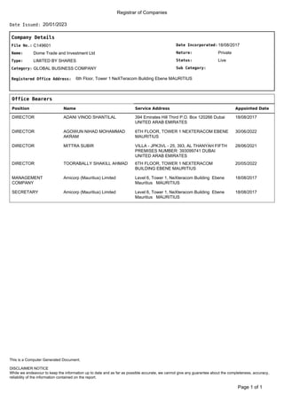 Registrar of Companies
20/01/2023
Date Issued:
Company Details
Date Incorporated:
Nature:
Sub Category:
Status:
18/08/2017
Private
Live
File No.:
Name:
C149601
Dome Trade and Investment Ltd
Type:
Category:
LIMITED BY SHARES
GLOBAL BUSINESS COMPANY
Registered Office Address: 6th Floor, Tower 1 NeXTeracom Building Ebene MAURITIUS
Office Bearers
Position Name Service Address Appointed Date
DIRECTOR ADANI VINOD SHANTILAL 394 Emirates Hill Third P.O. Box 120266 Dubai
UNITED ARAB EMIRATES
18/08/2017
DIRECTOR AGOWUN NIHAD MOHAMMAD
AKRAM
6TH FLOOR, TOWER 1 NEXTERACOM EBENE
MAURITIUS
30/06/2022
DIRECTOR MITTRA SUBIR VILLA - JPK3VL - 25, 393, AL THANYAH FIFTH
PREMISES NUMBER: 393099741 DUBAI
UNITED ARAB EMIRATES
28/06/2021
DIRECTOR TOORABALLY SHAKILL AHMAD 6TH FLOOR, TOWER 1 NEXTERACOM
BUILDING EBENE MAURITIUS
20/05/2022
MANAGEMENT
COMPANY
Amicorp (Mauritius) Limited Level 6, Tower 1, NeXteracom Building Ebene
Mauritius MAURITIUS
18/08/2017
SECRETARY Amicorp (Mauritius) Limited Level 6, Tower 1, NeXteracom Building Ebene
Mauritius MAURITIUS
18/08/2017
of 1
Page 1
DISCLAIMER NOTICE
While we endeavour to keep the information up to date and as far as possible accurate, we cannot give any guarantee about the completeness, accuracy,
reliability of the information contained on the report.
This is a Computer Generated Document.
 