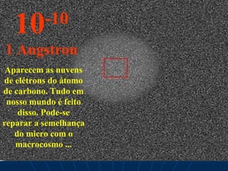 Aparecem as nuvens de elétrons do átomo de carbono. Tudo em nosso mundo é feito disso. Pode-se reparar a semelhança do micro com o macrocosmo ... 10 -10 1 Angstron 