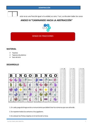 AUTOR:MAR LARA MARTÍN 7
DOMIFRACCIÓN
esta no es una fracción igual a la unidad, es cero. Y así, se discuten todos los casos
ANEXO IV:”CAMINANDO HACIA LA ABSTRACCIÓN”
MATERIAL
 Tarjetas
 Taponesde plástico
 Saco de tela
DESARROLLO
1. En cada juegode bingoexiste unanunciante que deberá leerlosnúmerosque vansaliendo.
2. Se repartentodos loscartonesa losjugadores.
3. Se colocanlas fichasotapitas enel centrode la mesa.
BINGO DE FRACCIONES
 
