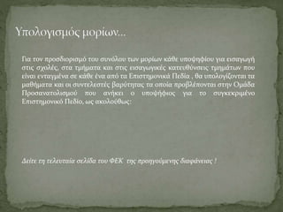 Για τον προσδιορισμό του συνόλου των μορίων κάθε υποψηφίου για εισαγωγή
στις σχολές, στα τμήματα και στις εισαγωγικές κατευθύνσεις τμημάτων που
είναι ενταγμένα σε κάθε ένα από τα Επιστημονικά Πεδία , θα υπολογίζονται τα
μαθήματα και οι συντελεστές βαρύτητας τα οποία προβλέπονται στην Ομάδα
Προσανατολισμού που ανήκει ο υποψήφιος για το συγκεκριμένο
Επιστημονικό Πεδίο, ως ακολούθως:
Δείτε τη τελευταία σελίδα του ΦΕΚ της προηγούμενης διαφάνειας !
 