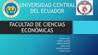 UNIVERSIDAD CENTRAL
DEL ECUADOR
INTEGRANTES:
STEVEN CAIZA
ANDRES JACOME
ROXANA MOYANO
ZAIDA CHASI
VALERIA NARANJO
STEVEN CAIZA
FACULTAD DE CIENCIAS
ECONÓMICAS
 