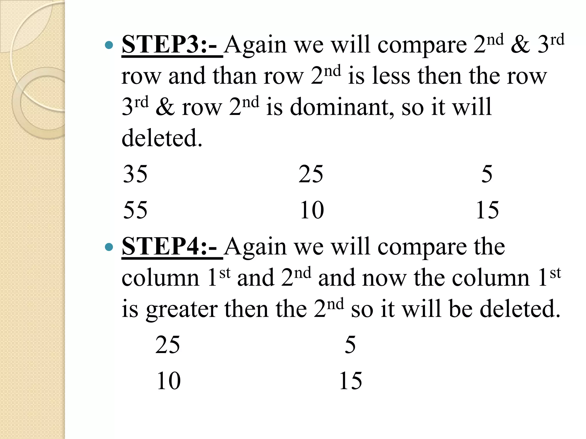  STEP3:- Again we will compare 2nd & 3rd
  row and than row 2nd is less then the row
  3rd & row 2nd is dominant, so it will
  deleted.
  35                25                  5
  55                10                 15
 STEP4:- Again we will compare the
  column 1st and 2nd and now the column 1st
  is greater then the 2nd so it will be deleted.
      25                 5
      10                15
 