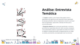 Padrões de comunicação em rede: do individual ao coletivo.
Análise: Entrevista
Temática
• O Lead da matéria, como 'Doutor Silva explica como a
dependência de algoritmos está reduzindo nossa capacidade
de atenção profunda', deve ser impactante e resumir a principal
tese do especialista, capturando a atenção do leitor para o
cerne da discussão.
• Perguntas abertas são cruciais para aprofundar a conversa,
permitindo ao especialista discorrer sobre conceitos complexos
como plasticidade cerebral (a capacidade do cérebro de mudar e
se adaptar) e atrofia (diminuição ou degeneração de um órgão
ou tecido), promovendo uma exploração mais rica do tema.
 