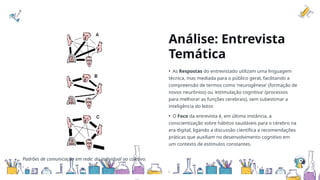 Padrões de comunicação em rede: do individual ao coletivo.
Análise: Entrevista
Temática
• As Respostas do entrevistado utilizam uma linguagem
técnica, mas mediada para o público geral, facilitando a
compreensão de termos como 'neurogênese' (formação de
novos neurônios) ou 'estimulação cognitiva' (processos
para melhorar as funções cerebrais), sem subestimar a
inteligência do leitor.
• O Foco da entrevista é, em última instância, a
conscientização sobre hábitos saudáveis para o cérebro na
era digital, ligando a discussão científica a recomendações
práticas que auxiliam no desenvolvimento cognitivo em
um contexto de estímulos constantes.
 