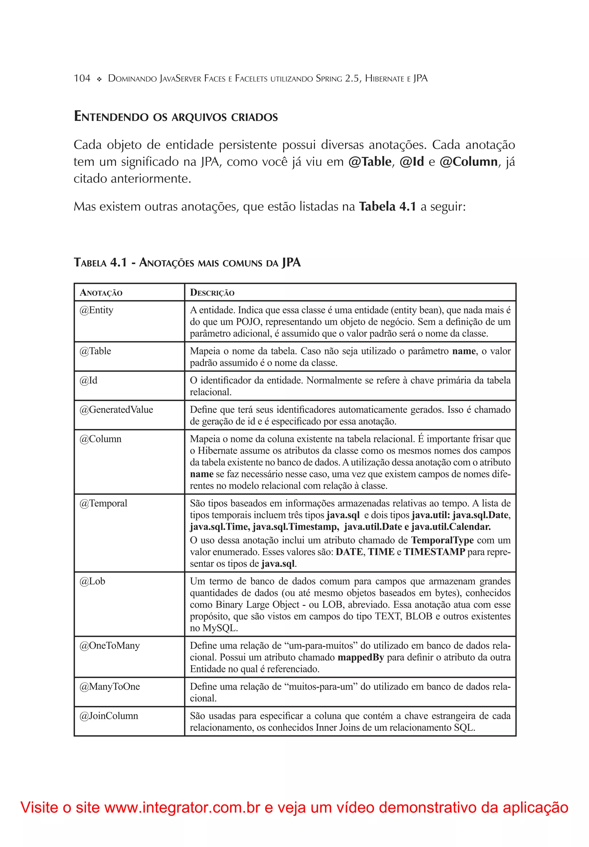 104     DOMINANDO JAVASERVER FACES E FACELETS UTILIZANDO SPRING 2.5, HIBERNATE E JPA


       ENTENDENDO OS ARQUIVOS CRIADOS
       Cada objeto de entidade persistente possui diversas anotações. Cada anotação
       tem um significado na JPA, como você já viu em @Table, @Id e @Column, já
       citado anteriormente.

       Mas existem outras anotações, que estão listadas na Tabela 4.1 a seguir:



       TABELA 4.1 - ANOTAÇÕES MAIS COMUNS DA JPA

        ANOTAÇÃO                  DESCRIÇÃO
        @Entity                   A entidade. Indica que essa classe é uma entidade (entity bean), que nada mais é
                                  do que um POJO, representando um objeto de negócio. Sem a deﬁnição de um
                                  parâmetro adicional, é assumido que o valor padrão será o nome da classe.
        @Table                    Mapeia o nome da tabela. Caso não seja utilizado o parâmetro name, o valor
                                  padrão assumido é o nome da classe.
        @Id                       O identiﬁcador da entidade. Normalmente se refere à chave primária da tabela
                                  relacional.
        @GeneratedValue           Deﬁne que terá seus identiﬁcadores automaticamente gerados. Isso é chamado
                                  de geração de id e é especiﬁcado por essa anotação.
        @Column                   Mapeia o nome da coluna existente na tabela relacional. É importante frisar que
                                  o Hibernate assume os atributos da classe como os mesmos nomes dos campos
                                  da tabela existente no banco de dados. A utilização dessa anotação com o atributo
                                  name se faz necessário nesse caso, uma vez que existem campos de nomes dife-
                                  rentes no modelo relacional com relação à classe.
        @Temporal                 São tipos baseados em informações armazenadas relativas ao tempo. A lista de
                                  tipos temporais incluem três tipos java.sql e dois tipos java.util: java.sql.Date,
                                  java.sql.Time, java.sql.Timestamp, java.util.Date e java.util.Calendar.
                                  O uso dessa anotação inclui um atributo chamado de TemporalType com um
                                  valor enumerado. Esses valores são: DATE, TIME e TIMESTAMP para repre-
                                  sentar os tipos de java.sql.
        @Lob                      Um termo de banco de dados comum para campos que armazenam grandes
                                  quantidades de dados (ou até mesmo objetos baseados em bytes), conhecidos
                                  como Binary Large Object - ou LOB, abreviado. Essa anotação atua com esse
                                  propósito, que são vistos em campos do tipo TEXT, BLOB e outros existentes
                                  no MySQL.
        @OneToMany                Deﬁne uma relação de “um-para-muitos” do utilizado em banco de dados rela-
                                  cional. Possui um atributo chamado mappedBy para deﬁnir o atributo da outra
                                  Entidade no qual é referenciado.
        @ManyToOne                Deﬁne uma relação de “muitos-para-um” do utilizado em banco de dados rela-
                                  cional.
        @JoinColumn               São usadas para especiﬁcar a coluna que contém a chave estrangeira de cada
                                  relacionamento, os conhecidos Inner Joins de um relacionamento SQL.




Visite o site www.integrator.com.br e veja um vídeo demonstrativo da aplicação
 