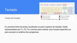 Teclado
Teclas de Função:
É a primeira linha de teclas, localizada na parte superior do teclado. Estão
representadas por F1, F2, F3 e servem para realizar uma função específica ou
para acessar os atalhos dos programas.
 