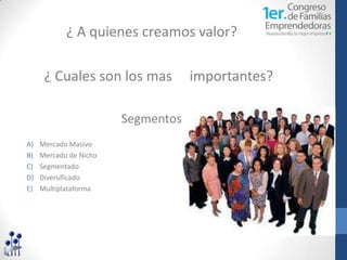 ¿ A quienes creamos valor?

      ¿ Cuales son los mas           importantes?

                        Segmentos:
A)   Mercado Masivo
B)   Mercado de Nicho
C)   Segmentado
D)   Diversificado
E)   Multiplataforma
 