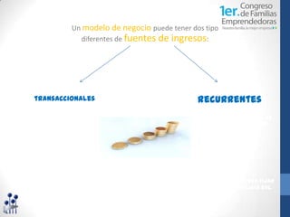 Un modelo de negocio puede tener dos tipo
                     diferentes de fuentes de ingresos:




             Fuentes                                               Ingresos
      transaccionales
      en donde el ingreso se
                                                             recurrentes
       da por una sola vez.                                  resultado de pagos
                                                           recurrentes ya sea para
                                                         continuar con una entrega de
                                                          valor o por el servicio de
                                                                  postventa.




* Cada una de las fuentes de ingreso deberán de tener diferentes mecanismos para fijar
 los precios tales como: fijo, descuento, dependiente del mercado, precio de lista etc.
 