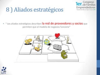 8 ) Aliados estratégicos

• “ Los aliados estratégicos describen la red de proveedores       y socios que
                    permiten que el modelo de negocios funcione”
 