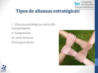 Tipos de alianzas estratégicas:

I . Alianzas estratégicas entre NO-
Competidores
II. Coopeticion
III. Joint Venture
IV.Compra-Venta
 