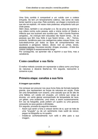 Como dominar as suas emoções e torná-las positivas

Uma fúria contida é comparável a um vulcão com a cratera
entupida. Se tem um temperamento colérico, não serve de nada
tentar reprimir a sua crise. Pelo contrário, vai chegar o momento em
que ela vai explodir, mil vezes mais poderosa, aniquilando tudo por
onde passa.
Além disso, também o vai aniquilar a si. Se se priva de exprimir a
sua cólera contra outra pessoa, está a virá-la contra si! Desde a
infância que nos buzinam aos ouvidos que: “não é bonito ficarmos
zangados... As crianças bem educadas não fazem birras... Só as
pessoas que têm mau feitio é que fazem birras..., etc.”. Temos,
portando, tendência para nos castigarmos pelas nossas fúrias, nos
auto-destruirmos por todos os tipos de comportamentos não
saudáveis e perigosos: tabaco, álcool, roer as unhas, doces,
anorexia nervosa, insucesso escolar, drogas, enuresia... A lista dos
nossos castigos é excessivamente longa.
Por conseguinte, vai aprender não a reprimir a sua fúria, mas a
canalizá-la.

Como canalizar a sua fúria
O melhor método consiste em representar a cólera como uma força
da natureza e deixá-la libertar-se. Em seguida, reencontre e
conserve a paz.

Primeira etapa: canalize a sua fúria
A imagem que acalma
Vai começar por procurar nos seus livros fotos de formato bastante
grande, que representem as forças da natureza em acção. Pode
ser uma tempestade num oceano, uma cascata que cai do alto de
uma falésia, um vulcão em erupção, um ciclone que verga as
árvores, um vento glaciar acompanhado de tempestade de neve,
um géiser, uma avalanche, uma cheia, e assim sucessivamente.
Em vez da fotografia, pode preferir um quadro ou uma gravura,
consoante os seus gostos e afinidades.
Em seguida, proceda da seguinte maneira:
− Assim que sentir a fúria a crescer dentro de si, quer se trate de
uma "erupção" ou de um sentimento mais subtil de rancor,
pegue na fotografia ou no quadro.
− Instale-se confortavelmente num sofá e olhe para a sua
imagem.

3

 
