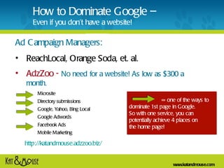 <ul><li>Ad Campaign Managers: </li></ul><ul><li>ReachLocal, Orange Soda, et. al.  </li></ul><ul><li>AdzZoo -  No need for ...