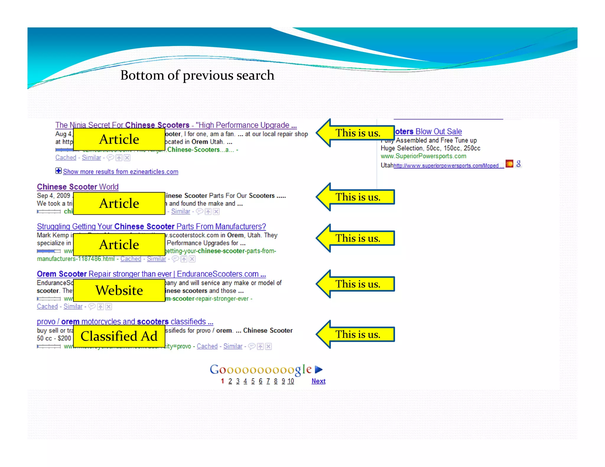 Bottom of previous search



                                  This is us.
   Article



                                  This is us.
   Article

                                  This is us.
   Article

                                  This is us.
  Website


Classified Ad                     This is us.
 