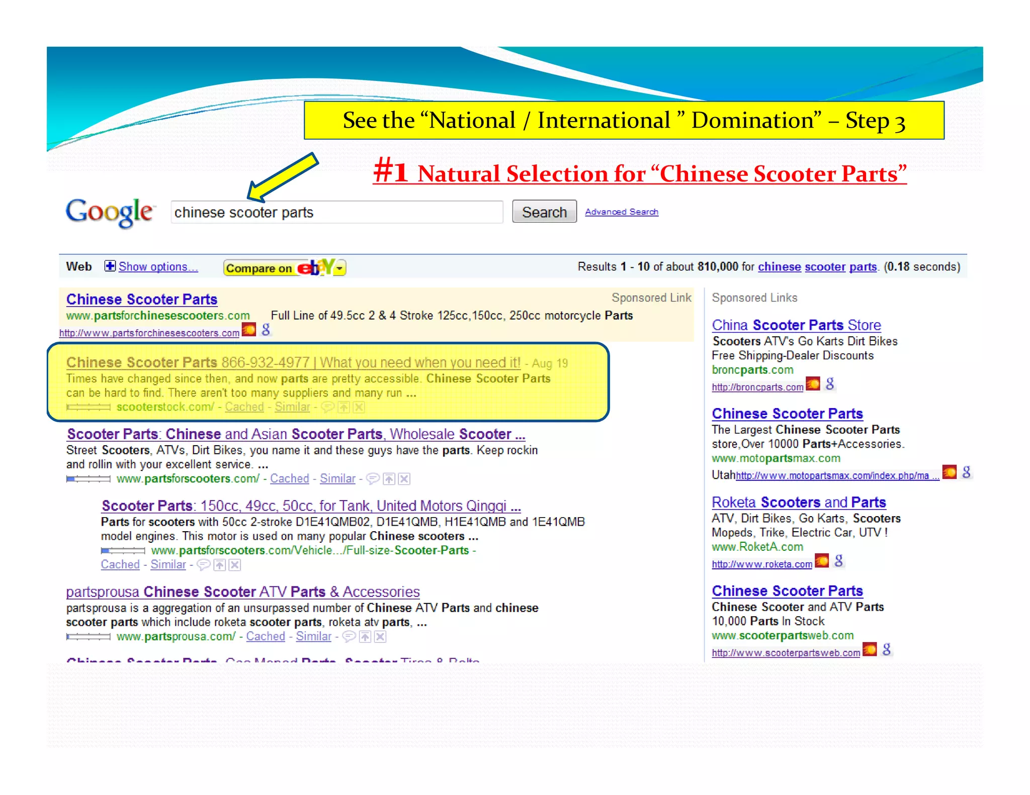 See the “National / International ” Domination” – Step 3

  #1 Natural Selection for “Chinese Scooter Parts”
 