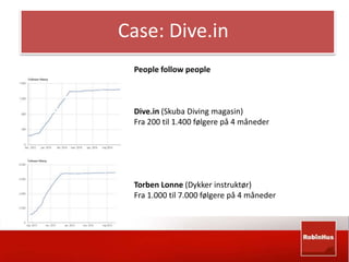 Case: Dive.in 
People follow people 
Dive.in (Skuba Diving magasin) 
Fra 200 til 1.400 følgere på 4 måneder 
Torben Lonne (Dykker instruktør) 
Fra 1.000 til 7.000 følgere på 4 måneder 
 