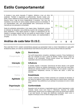 Estilo Comportamental
A iniciativa é seu ponto marcante. É objetivo, dinâmico e tem um ritmo
acelerado. Também é organizado e perfeccionista. Quando recebe uma
tarefa, busca realizá-la de forma precisa, preocupando-se com as minúcias.
Assume riscos e age de forma independente e inovadora. Tem foco nos
resultados e se envolve em vários projetos sabendo priorizar as atividades. É
um empreendedor nato, com personalidade forte. Comunica-se de forma
marcante por ser persuasivo e encantador.
Gosta de ambientes estruturados e com regras claras. Geralmente, procura
se antecipar às situações e aos problemas; quando não consegue prevê-los,
tenta resolvê-los o mais rápido possível. É rápido no desempenho do seu
trabalho e consegue realizar mais de uma tarefa ao mesmo tempo. É capaz
de motivar os demais. Tende a falar de forma rápida, com expressividade e
simpatia.
Análise de cada fator D.I.S.C.
Para cada fator D.I.S.C. existem características pessoais que apresentam maior ou menor intensidade em cada perfil.
Sinalizamos abaixo, em verde as características mais fortes de seu perfil e em cinza as menos fortes de cada fator.
Ação
Cooperação
Dominância
Tem perfil independente, competitivo, estratégico e pioneiro. Possui facilidade em
lidar com situações de risco e gosta de desafios. Prefere assumir cargos de
comando a ser comandado. Procura sempre pensar nos resultados e tem
capacidade natural em solucionar problemas.
Interação
Concentração
Influência
É sociável, popular e insinuante. Comunica-se de forma natural e com grande
desenvoltura. Aprecia as relações interpessoais e vende muito bem suas ideias.
Otimista por natureza, também é bom conselheiro. Por ser popular e apreciar o
relacionamento interpessoal, torna-se, na maioria das vezes, o centro das
atenções.
Calma
Agilidade
Estabilidade
Versátil, multitarefa, dinâmico. Prefere ambientes com variedade de atividades. O
seu senso de urgência o leva a fazer várias coisas ao mesmo tempo, imprimindo
ritmo acelerado. Sua preferência é por participar de processos de curto a médio
prazo.
Organização
Criatividade
Conformidade
Necessita muito de estrutura e organização para ter melhor desempenho e estar
motivado. Quase nunca corre riscos e, dificilmente, improvisa. De caráter
perfeccionista, sempre busca nos detalhes algum ponto que ainda possa melhorar
o que está fazendo. As regras são referências importantes, assim como, o
respeito à hierarquia. Evita ao máximo delegar poder ou tarefas.
Página 2/6
 