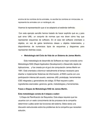 encima de los nombres de los animales, no escribe los nombres en minúsculas, no
representa los animales con un rectángulo, etc.
Veamos la representación que sí se adaptaría al estándar definido:
Con este ejemplo sencillo hemos tratado de hacer explícito qué es y para
qué sirve UML: un conjunto de normas que nos dicen cómo hay que
representar esquemas de software. En el caso del software orientado a
objetos, en vez de gatos tendremos clases u objetos instanciados, y
dispondremos de numerosos tipos de esquemas y diagramas para
representar distintas cosas.
• Metodología del Ciclo de Vida de un Sistema de James Martín.
Esta metodología de desarrollo de Software es mejor conocida como
Metodología RAD (Rapid Application Development) o Desarrollo rápido de
Aplicaciones, y fue creada por el gurú de computación James Martin en
1991. Está orientada a disminuir radicalmente el tiempo necesario para
diseñar e implementar Sistemas de Información, el RAD cuenta con una
participación intensa del usuario, sesiones JAD, prototipaje, herramientas
CSE integradas y generadores de código. El Rad requiere cuatro
ingredientes esenciales: gerencia, gente, metodologías y herramientas.
Fases o Etapas de Metodología RAD de James Martin.
Esta metodología consta de 4 etapas a saber:
1) Etapa de Planificación de Requisitos: Esta etapa requiere que los
usuarios con un vasto conocimiento de los procesos de la compañía
determinen cuáles serán las funciones del sistema. Debe darse una
discusión estructurada sobre los problemas de la compañía que necesitan
solución.
 