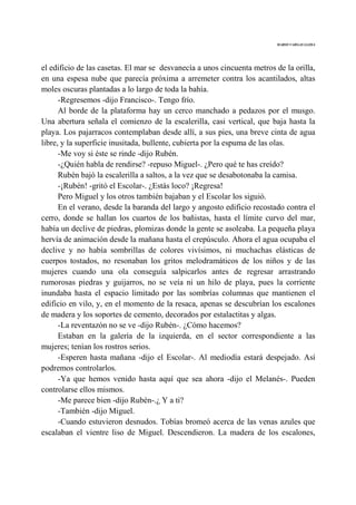 MARIO VARGAS LLOSA
el edificio de las casetas. El mar se desvanecía a unos cincuenta metros de la orilla,
en una espesa nube que parecía próxima a arremeter contra los acantilados, altas
moles oscuras plantadas a lo largo de toda la bahía.
-Regresemos -dijo Francisco-. Tengo frío.
Al borde de la plataforma hay un cerco manchado a pedazos por el musgo.
Una abertura señala el comienzo de la escalerilla, casi vertical, que baja hasta la
playa. Los pajarracos contemplaban desde allí, a sus pies, una breve cinta de agua
libre, y la superficie inusitada, bullente, cubierta por la espuma de las olas.
-Me voy si éste se rinde -dijo Rubén.
-¿Quién habla de rendirse? -repuso Miguel-. ¿Pero qué te has creído?
Rubén bajó la escalerilla a saltos, a la vez que se desabotonaba la camisa.
-¡Rubén! -gritó el Escolar-. ¿Estás loco? ¡Regresa!
Pero Miguel y los otros también bajaban y el Escolar los siguió.
En el verano, desde la baranda del largo y angosto edificio recostado contra el
cerro, donde se hallan los cuartos de los bañistas, hasta el límite curvo del mar,
había un declive de piedras, plomizas donde la gente se asoleaba. La pequeña playa
hervía de animación desde la mañana hasta el crepúsculo. Ahora el agua ocupaba el
declive y no había sombrillas de colores vivísimos, ni muchachas elásticas de
cuerpos tostados, no resonaban los gritos melodramáticos de los niños y de las
mujeres cuando una ola conseguía salpicarlos antes de regresar arrastrando
rumorosas piedras y guijarros, no se veía ni un hilo de playa, pues la corriente
inundaba hasta el espacio limitado por las sombrías columnas que mantienen el
edificio en vilo, y, en el momento de la resaca, apenas se descubrían los escalones
de madera y los soportes de cemento, decorados por estalactitas y algas.
-La reventazón no se ve -dijo Rubén-. ¿Cómo hacemos?
Estaban en la galería de la izquierda, en el sector correspondiente a las
mujeres; tenían los rostros serios.
-Esperen hasta mañana -dijo el Escolar-. Al mediodía estará despejado. Así
podremos controlarlos.
-Ya que hemos venido hasta aquí que sea ahora -dijo el Melanés-. Pueden
controlarse ellos mismos.
-Me parece bien -dijo Rubén-.¿ Y a ti?
-También -dijo Miguel.
-Cuando estuvieron desnudos. Tobías bromeó acerca de las venas azules que
escalaban el vientre liso de Miguel. Descendieron. La madera de los escalones,
 
