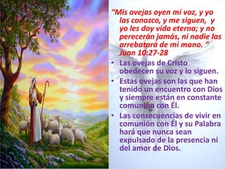 “Mis ovejas oyen mi voz, y yo las conozco, y me siguen,  y yo les doy vida eterna; y no perecerán jamás, ni nadie las arrebatará de mi mano. ” Juan 10:27-28Las ovejas de Cristo obedecen su voz y lo siguen.