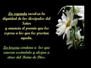 La segunda  ensalza la dignidad de los discípulos del Señor y anuncia el premio que les espera a los que les prestan ayuda. La tercera  condena a  los que causan escándalo y alejan a otros del Reino de Dios. 