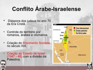 Conflito Árabe-Israelense
• Diáspora dos judeus no ano 70
da Era Cristã.
• Controle do território por
romanos, árabes e otomanos.
• Criação do Movimento Sionista
no século XIX.
• Criação do Estado de Israel
(1947 - 48) com a divisão da
Palestina.
 
