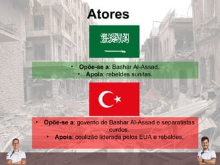 Atores
• Opõe-se a: Bashar Al-Assad.
• Apoia: rebeldes sunitas.
• Opõe-se a: governo de Bashar Al-Assad e separatistas
curdos.
• Apoia: coalizão liderada pelos EUA e rebeldes.
 
